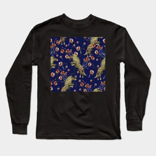 Golden zebra with red watercolor flowers Long Sleeve T-Shirt